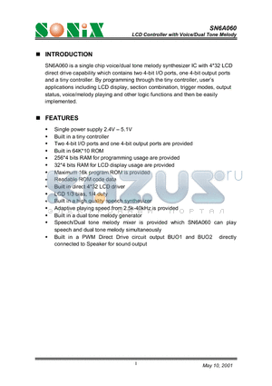 SN6A060 datasheet - LCD Controller with Voice/Dual Tone Melody