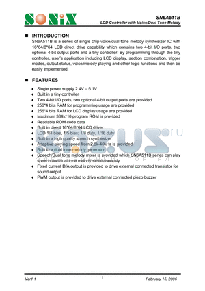 SN6A511B datasheet - LCD Controller with Voice/Dual Tone Melody