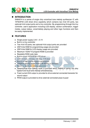 SN6A514 datasheet - LCD Controller with Voice/Dual Tone Melody