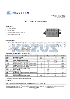 TA008-055-20-24 datasheet - 0.8 - 5.5 GHz 25 dBm Amplifier