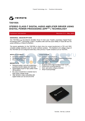 TA0105A datasheet - STEREO CLASS-T DIGITAL AUDIO AMPLIFIER DRIVER USING DIGITAL POWER PROCESSING (DPPTM ) TECHNOLOGY