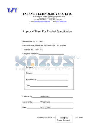 TA0175A datasheet - SAW Filter 1960MHz SMD 3.0 mm SQ