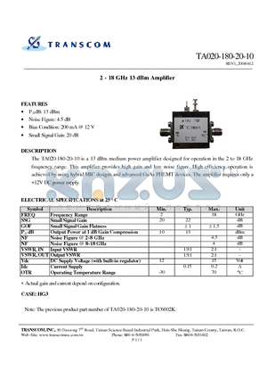 TA020-180-20-10 datasheet - 2 - 18 GHz 13 dBm Amplifier