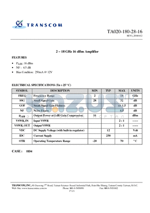 TA020-180-28-16 datasheet - 2 -18 GHz 16 dBm Amplifier