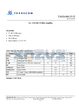 TA024-060-23-32 datasheet - 2.4 - 6.0 GHz 33 dBm Amplifier