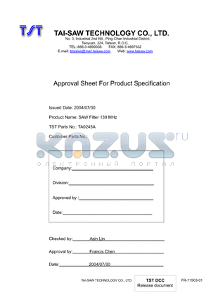 TA0245A datasheet - SAW Filter 139 MHz