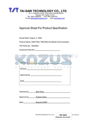 TA0246A datasheet - SAW Filter 1960 MHz for Mobile Communication