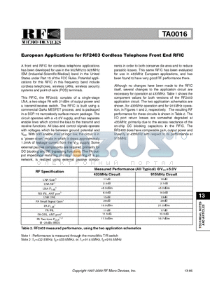 TA0016 datasheet - EUROPEAN APPLICANTIONS FOR RF 403 CORDLESS TELEPHONE FRONT END RFIC