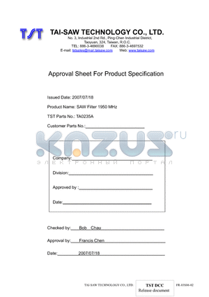 TA0235A datasheet - SAW Filter 1950 MHz