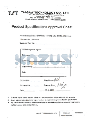 TA0285A datasheet - SAW Filter 1575.42 MHz for GPS