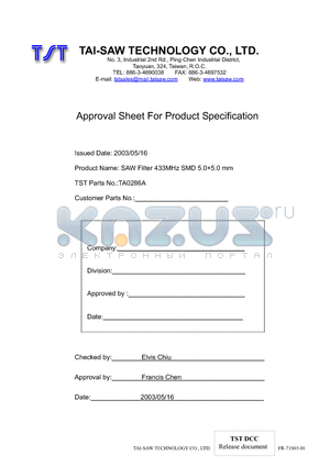 TA0286A datasheet - SAW Filter 433MHz SMD 5.05.0 mm