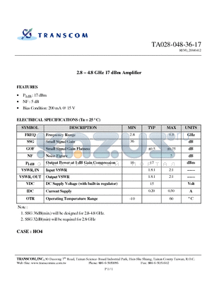 TA028-048-36-17 datasheet - 2.8 - 4.8 GHz 17 dBm Amplifier