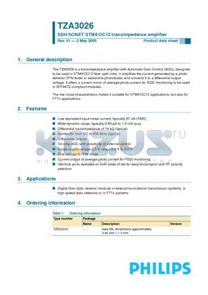 TZA3026 datasheet - SDH/SONET STM4/OC12 transimpedance amplifier