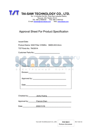 TA0301A datasheet - SAW Filter 315MHz SMD3.8X3.8mm