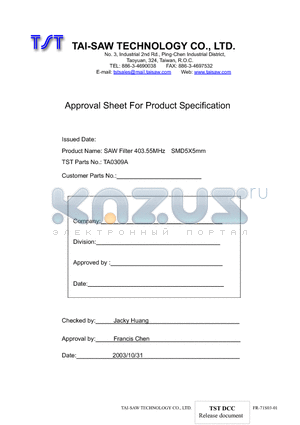 TA0309A datasheet - SAW Filter 403.55MHz SMD5X5mm