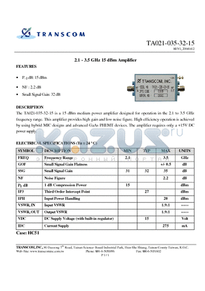 TA021-035-32-15 datasheet - 2.1 - 3.5 GHz 15 dBm Amplifier