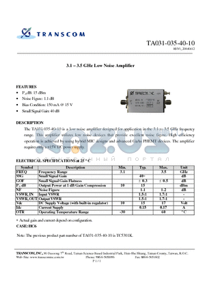 TA031-035-40-10 datasheet - 3.1 - 3.5 GHz Low Noise Amplifier