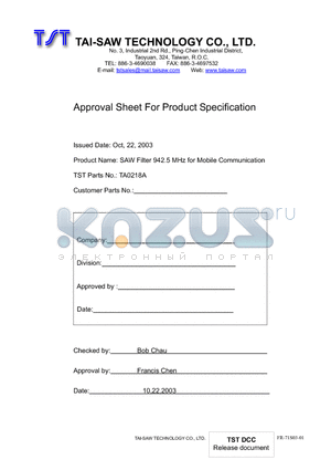 TA0218A datasheet - SAW Filter 942.5 MHz for Mobile Communication