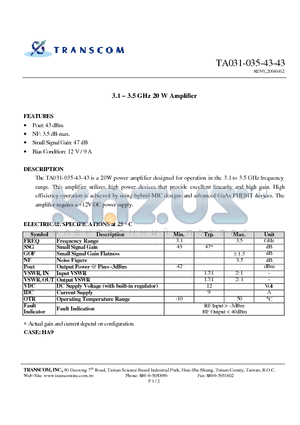 TA031-035-43-43 datasheet - 3.1 - 3.5 GHz 20 W Amplifier