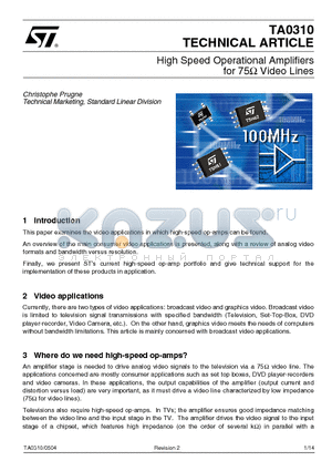 TA0310 datasheet - High Speed Operational Amplifiers for 75Y Video Lines