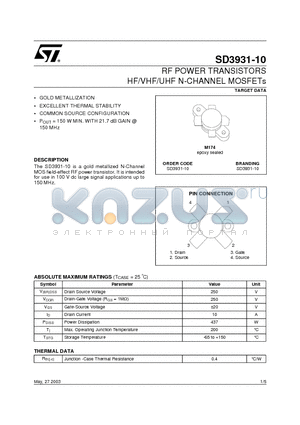 SD3931-10 datasheet - RF POWER TRANSISTORS HF/VHF/UHF N-CHANNEL MOSFETs