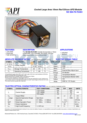 SD394-70-72-661 datasheet - Cooled Large Area 10mm Red Silicon APD Module