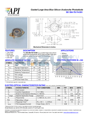 SD394-70-74-591 datasheet - Cooled Large Area Blue Silicon Avalanche Photodiode