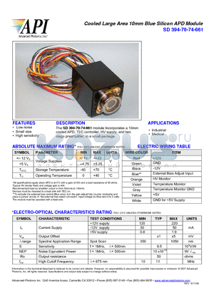 SD394-70-74-661 datasheet - Cooled Large Area 10mm Blue Silicon APD Module