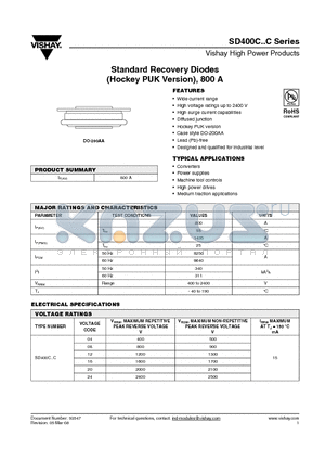 SD400C08C datasheet - Standard Recovery Diodes (Hockey PUK Version), 800 A