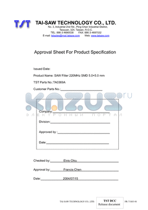 TA0369A datasheet - SAW Filter 220MHz SMD 5.05.0 mm