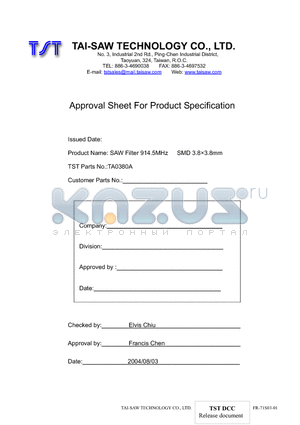 TA0380A datasheet - SAW Filter 914.5MHz SMD 3.83.8mm