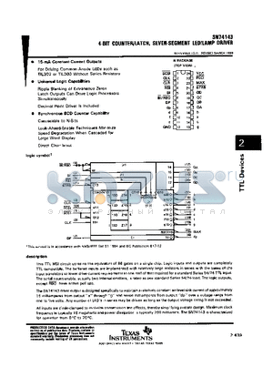SN74143 datasheet - 4-bit counter/latch, seven-segment led/lamp driver