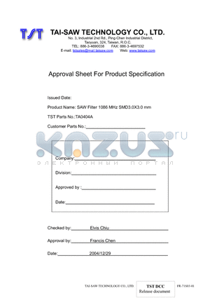 TA0404A datasheet - SAW Filter 1086 MHz SMD3.0X3.0 mm