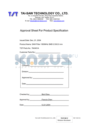 TA0401A datasheet - SAW Filter 1950MHz SMD 2.5X2.0 mm