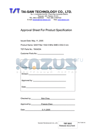 TA0425A datasheet - SAW Filter 1542.5 MHz SMD 2.5X2.0 mm