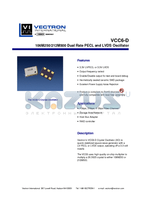 VCC6-DLB-106M25 datasheet - 106M250/212M500 Dual Rate PECL and LVDS Oscillator