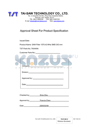 TA0449A datasheet - SAW Filter 1575.42 MHz SMD 3X3 mm