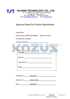 TA0462A datasheet - SAW Filter 866MHz SMD 3.03.0mm