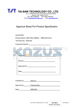 TA0472A datasheet - SAW Filter 455MHz SMD3.8X3.8mm