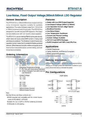 RT9167-15GBR datasheet - Low-Noise, Fixed Output Voltage,300mA/500mA LDO Regulator