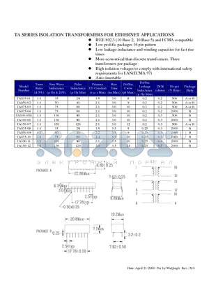 TA050-02 datasheet - ISOLATION TRANSFORMERS FOR ETHERNET APPLICATIONS