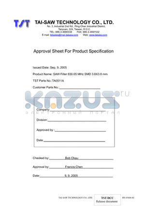 TA0511A datasheet - SAW Filter 830.05 MHz SMD 3.8X3.8 mm