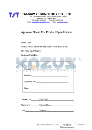 TA0526A datasheet - SAW Filter 415.4MHz SMD 5.05.0 mm