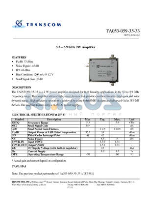 TA053-059-35-33 datasheet - 5.3 - 5.9 GHz 2W Amplifier