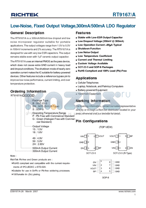 RT9167A-15GBR datasheet - Low-Noise, Fixed Output Voltage,300mA/500mA LDO Regulator