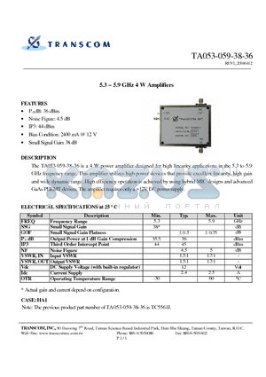 TA053-059-38-36 datasheet - 5.3 - 5.9 GHz 4 W Amplifiers