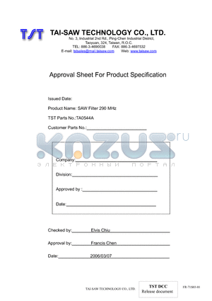 TA0544A datasheet - SAW Filter 290 MHz