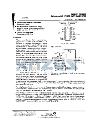 SN74167 datasheet - SYNCHRONOUS DECADE RATE MULTIPLIERS