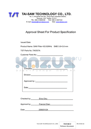 TA0537A datasheet - SAW Filter 433.92MHz SMD 3.83.8 mm