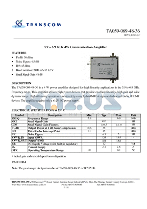 TA059-069-48-36 datasheet - 5.9 - 6.9 GHz 4W Communication Amplifier